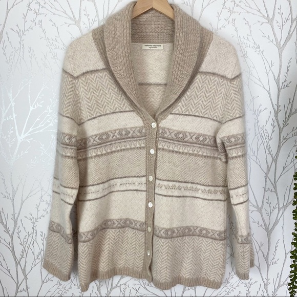 VALERIE STEVENS Angora Rabbit Hair Wool Blend Cowl Neck Stripe Cardigan Neutrals - Picture 13 of 14